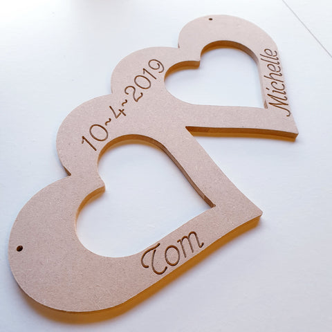 Engraved anniversary double haert plaque, 150mm tall, personalised engraving, mdf blanks, craft shapes